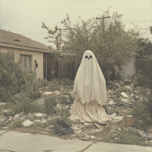 a ghost spirit coming out of junk littered on the front lawn of a Pasadena, CA home